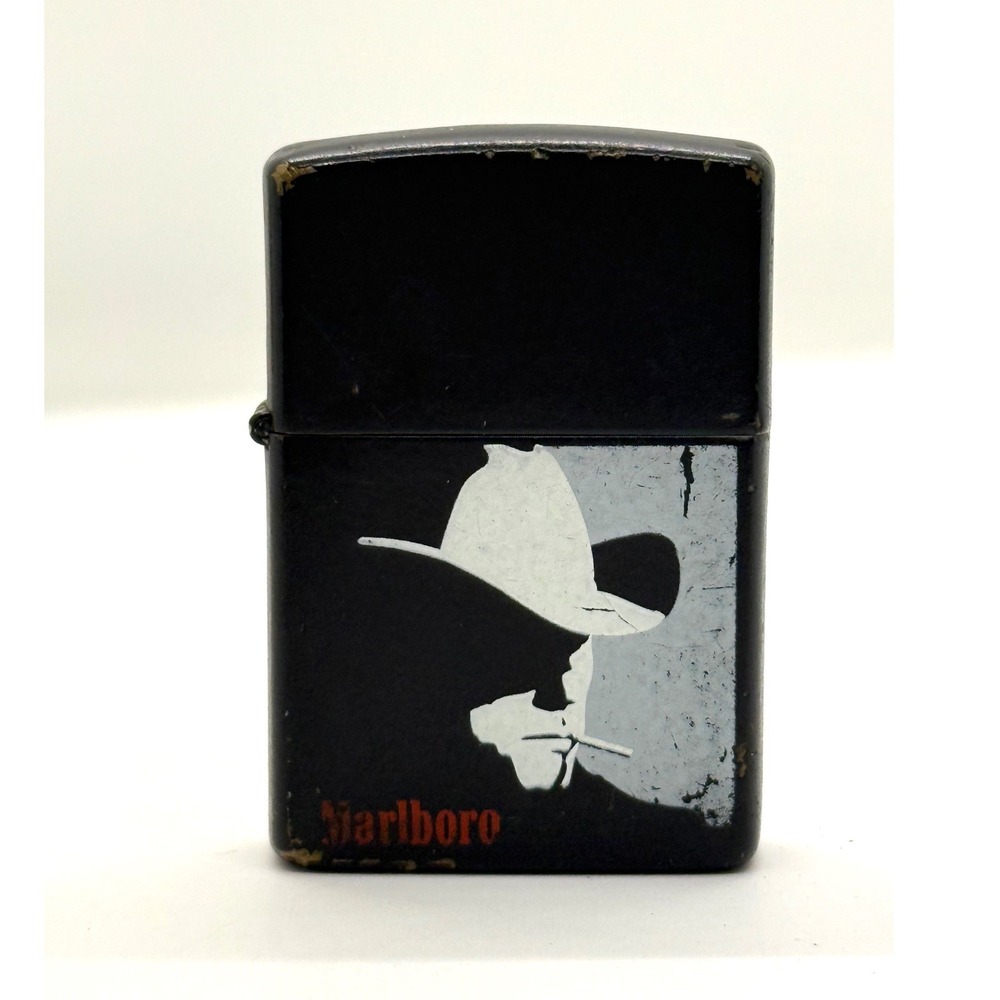 VTG'90s Marlboro Man Zippo Lighter Marlboro Cowboy Black Metal Pocket Lighter